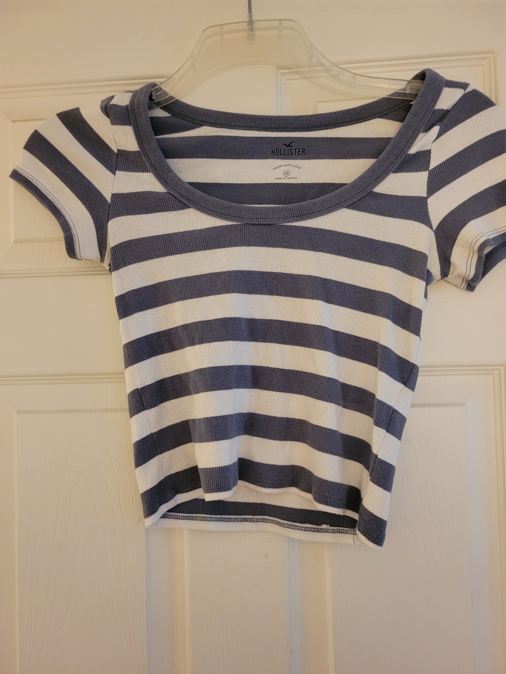 Hollister Grey and White Striped Scoop Neck Crop Top